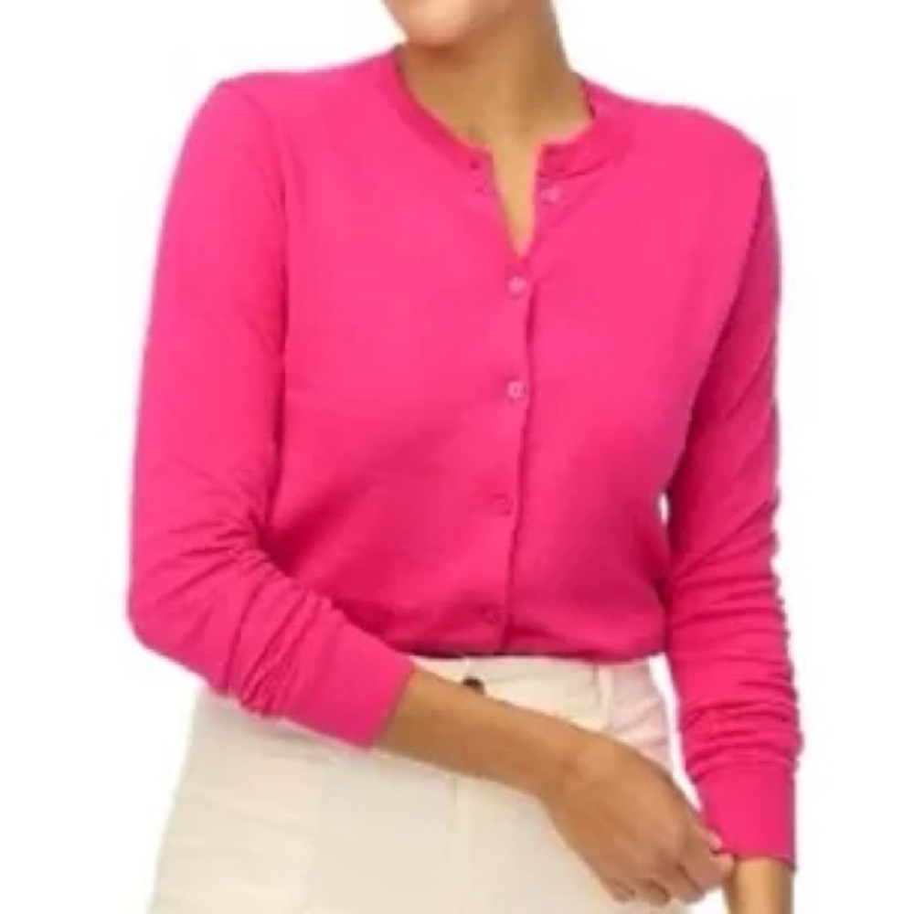 J. Crew The Caryn Cardigan 100% Cotton Button Front Ribbed Hem in Hot Pink Small